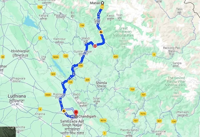 manali chandigarh distance route