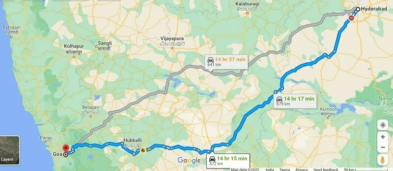 hyderabad goa map